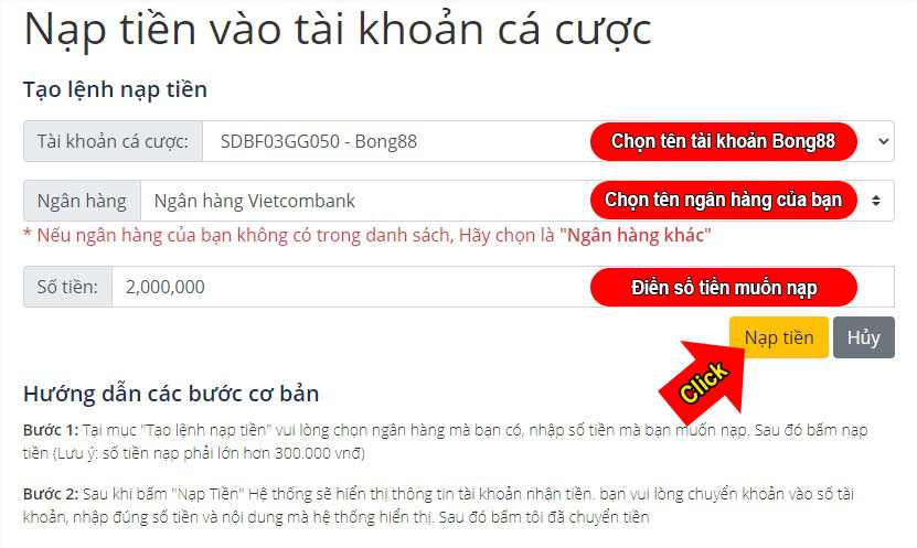 Tạo lệnh nạp tiền